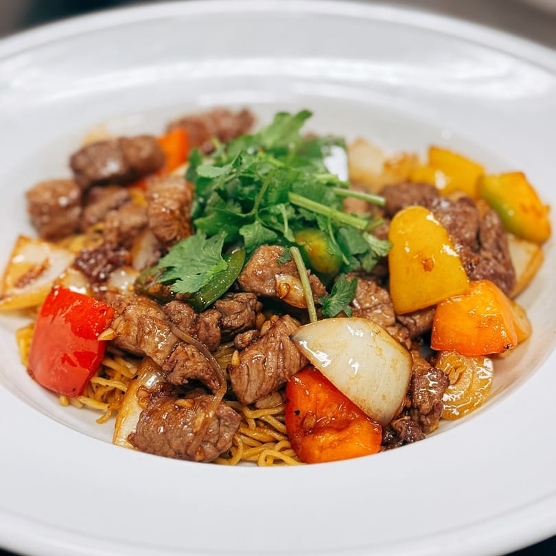 Vietnamese shaking beef with bell peppers, onions, and cilantro, served over noodles in a white bowl.