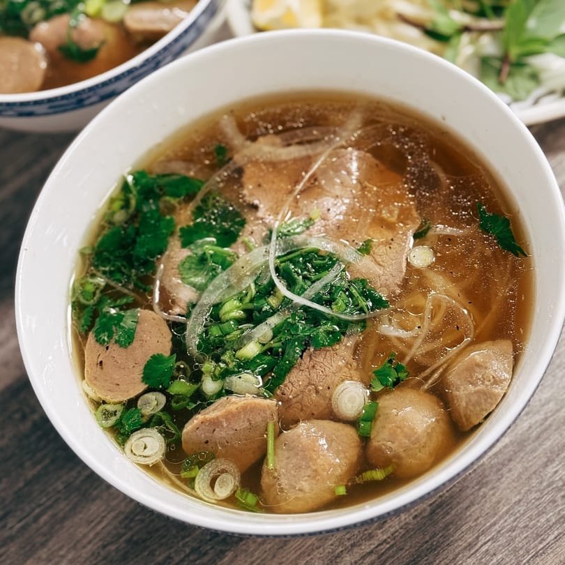 Close-up of a bowl of Pho Hello's Vietnamese pho with beef, meatballs, and herbs.
